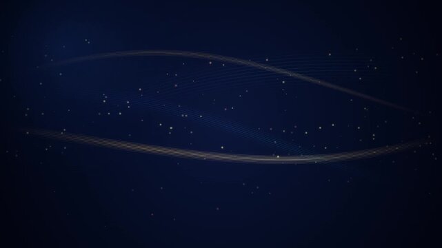 Elegant Motion Graphics Background Featuring Golden Wavy Lines and Floating Dust Particles on Navy Bl