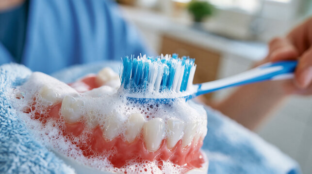Commercial dental hygiene composition showing a toothbrush thoroughly cleaning a realistic model mouth filled with toothpaste foam, detailed bristles reaching the gumline and spaces between teeth, p