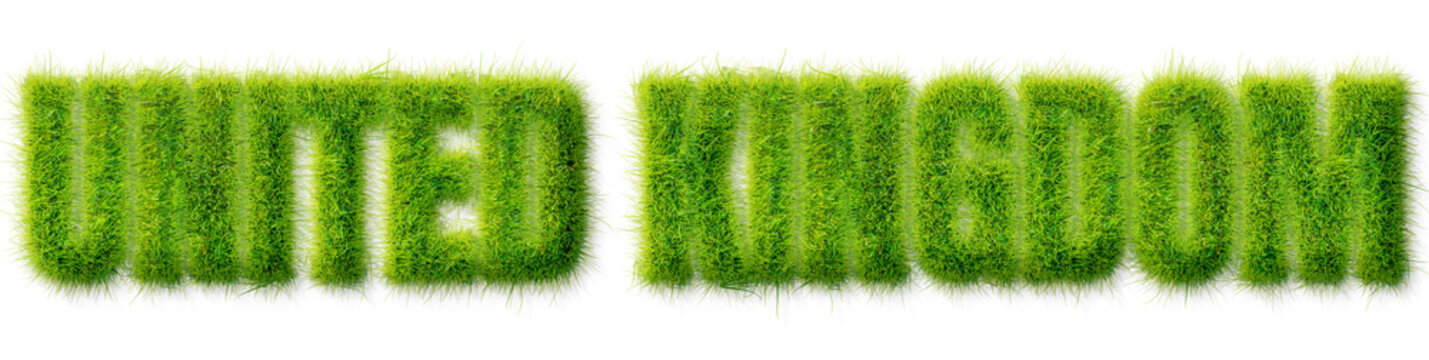 United Kingdom text rendered in a realistic green grass texture isolated on transparent background