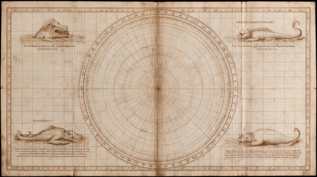 An antique navigational chart featuring a central circular grid and detailed illustrations of mythical sea creatures positioned in the four corners of the parchment background