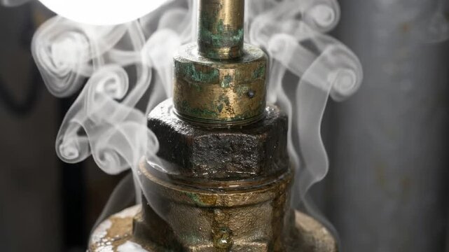 tarnished brass valve stem blowing wet steam violently around its secure housing with green and oxidized textures