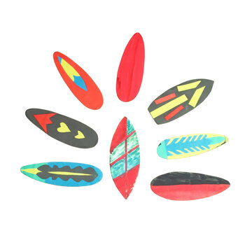 Seven hand painted wooden surfboard shapes arranged in a circular pattern featuring various colorful geometric on white background isolated on a transparent background