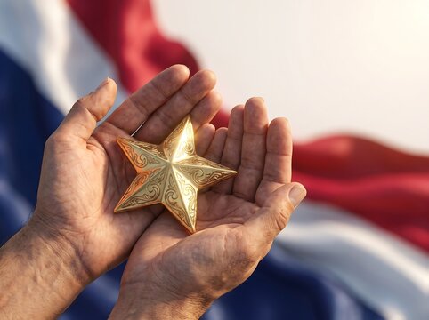 Hands holding a golden star with intricate engravings against a blurred american flag background