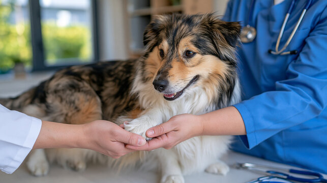 Top down view of a male veterinarian gently holding the paw of a small dog on a clean examination table, routine veterinary health assessment, medical tools neatly arranged nearby, modern animal cli