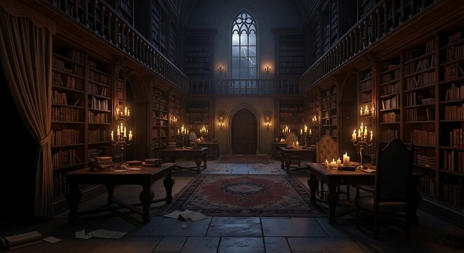 Dimly lit old library interior with wooden bookshelves, tall arched window, antique tables, candelabras, and patterned floor rug at dusk