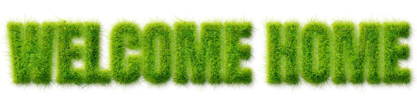 Welcome Home typography rendered in realistic green grass texture on transparent background