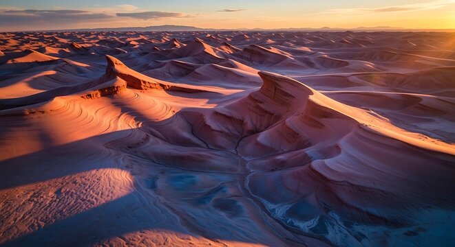 Dramatic desert landscape with sharp rocky peaks and rolling sand dunes under golden sunset light, casting long shadows across the terrain