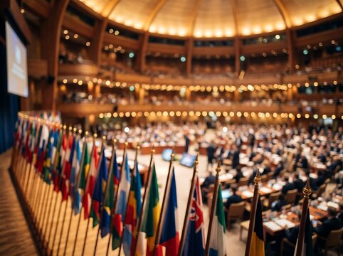 International conference hall with rows of national flags in the foreground