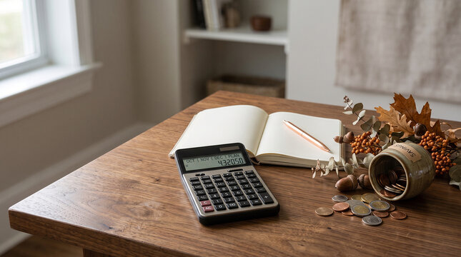Black electronic calculator sits on wooden desk next to open notebook, metallic pen, autumn leaves and small coin pot