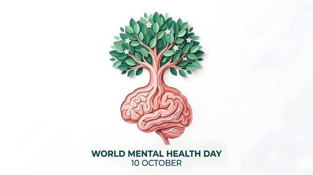 Paper craft style illustration for world mental health day showing a tree sprouting from a brain