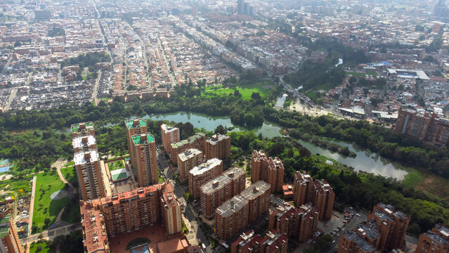 Aerial drone view wetland over suba road and buildings Bogota Colombia Latin america 4k