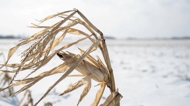 Tall pale yellow dead corn stalk suffering violent wind vibrations while standing vertically and bending actively