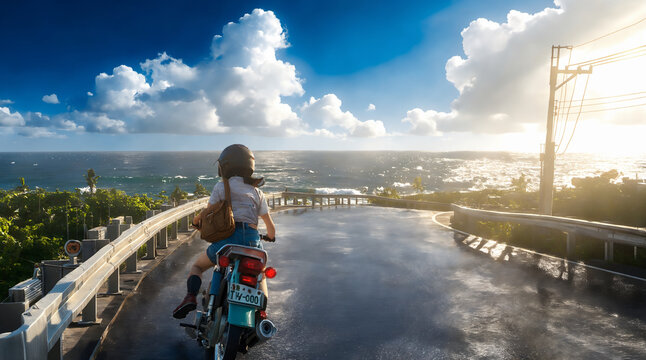 The a person rides a scooter along a scenic coastal road under a brilliant blue sky, overlooking the expansive ocean and tropical landscape.