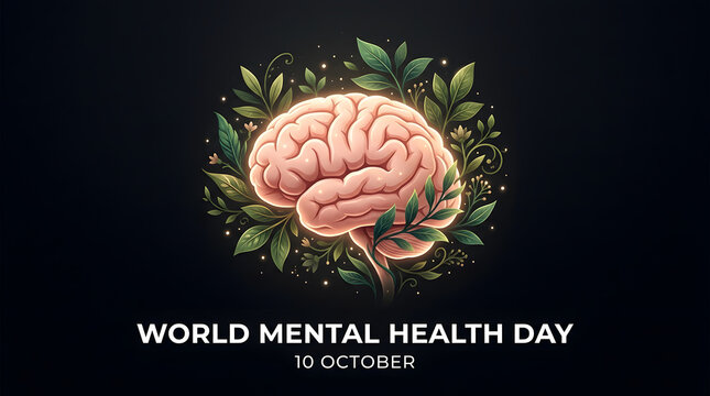 Human brain illustration surrounded by growing green leaves for world mental health day with mental growth