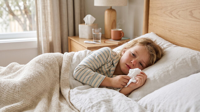 Sick little girl resting in bed with a tissue