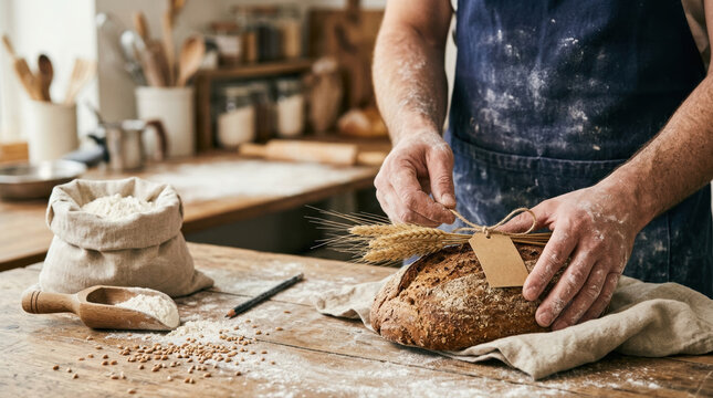 Bread bakery flour grain artisan rustic kitchen hands apron craft Homemade artisan bread bakery rustic wooden table warm kitchen, hands tying grain decoration loaf with flour and tools around