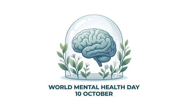 Human brain icon inside glass bell jar with growing plants for world mental health day glass dome wellness