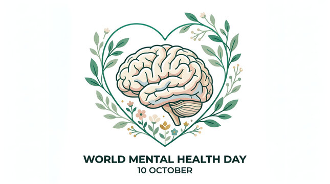 World mental health day heart shaped frame enclosing human brain with flowers heart shape mental wellness