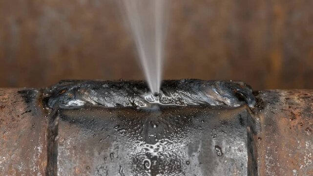 rough steel weld bead blowing a sharp concentrated mist from a fine pinhole leak between two pipe sections