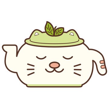 A cat-themed tea kettle, cat's face, eyes closed and smiling. Vector illustration.