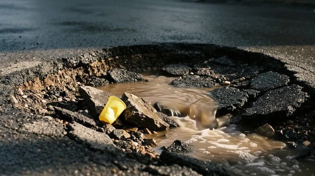 muddy rainwater stream rapidly filling the deep fractured pavement crater containing crumbled subbase material and debris