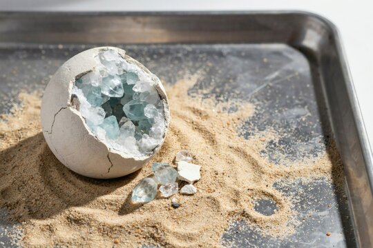 Cracked geode filled with pale blue crystals resting in a tray of sand