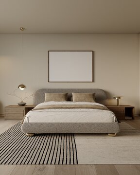 Warm minimalist bedroom interior with textured upholstered bed and neutral tones. Mockup of a horizontal wooden frame on a beige wall. 3D illustration.	