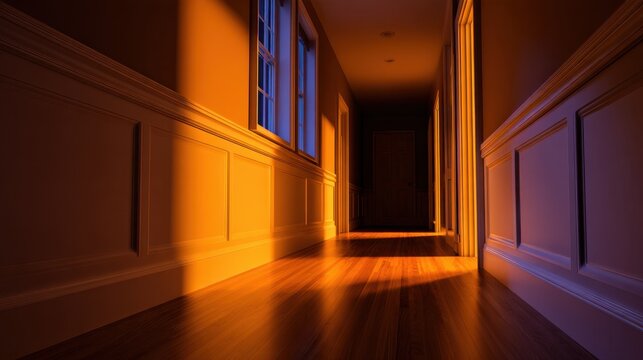 A dimly lit hallway at dusk with warm golden light accentuating the walls and floor