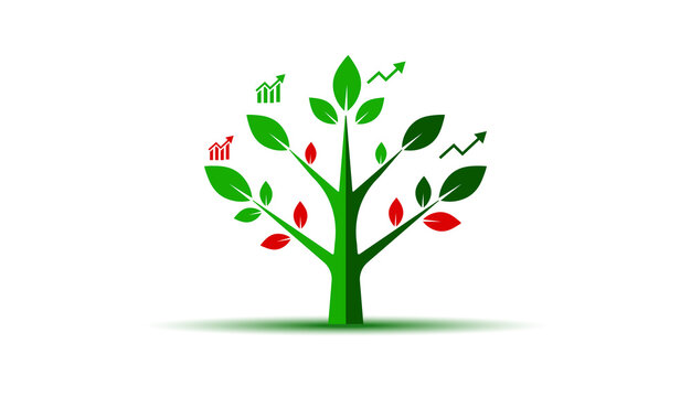Business financial growth tree isolated on transparent background clipart with red green leaves bar chart and trend arrow.