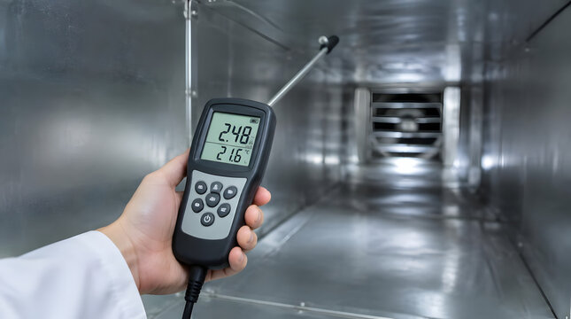Hand holding a digital anemometer for air velocity measurement.