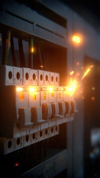 Close-up of electrical circuit breakers sparking, surrounded by wires in a dimly lit environment