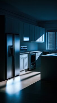 A modern kitchen with sleek appliances illuminated by dramatic shadows and moody lighting