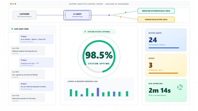 Modern AI customer support analytics dashboard displaying real-time data metrics, chat logs, and automated triage flow interface.