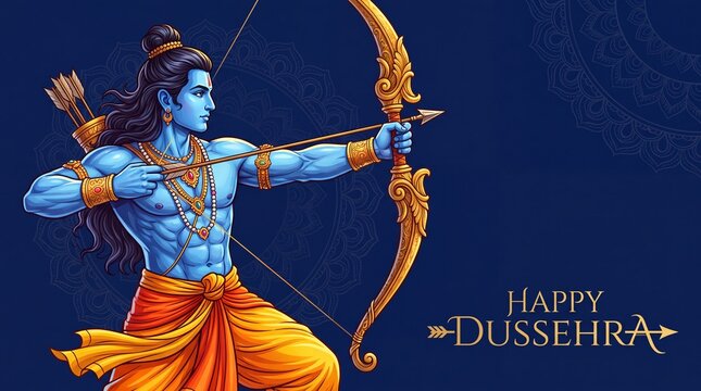 Happy Dussehra festival greeting banner with illustration of Lord Rama aiming golden bow.