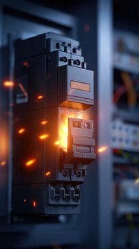 A close-up of an electrical circuit breaker with visible sparks in a dark environment