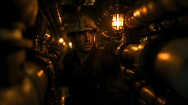 Man in a hat illuminated by a single light source in a dark confined space.
