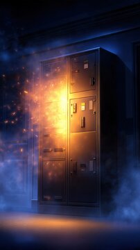 A mysterious glowing cabinet emanates sparks and smoke in a dark, atmospheric setting