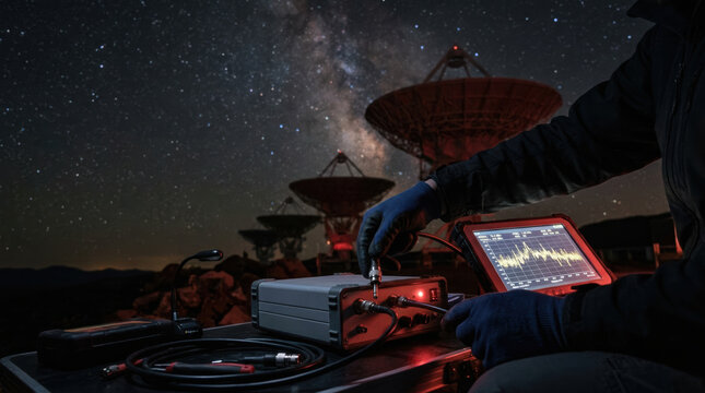 Astrophotography night observatory telescope satellite dish radio antenna scientist research galaxy star cosmos astronomy technology spectrum signal monitor screen wave science equipment space