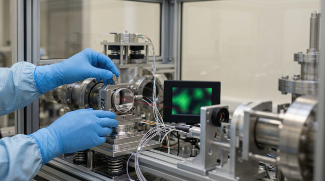 Precision laboratory scientist glove metal glass lens equipment technology research Modern precision laboratory scientist with glove adjusting metal glass lens equipment technology research