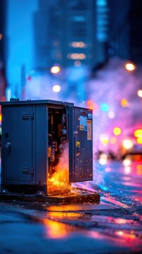 A blue-tinted street scene shows an open electrical box emitting sparks and steam, surrounded by wet pavement