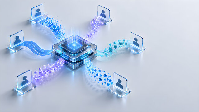 Central digital processor unit connecting to multiple user profile icons with glowing data streams