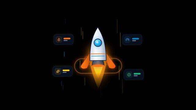 Launching Rocket Animation with Engine Thrust and Telemetry Cards