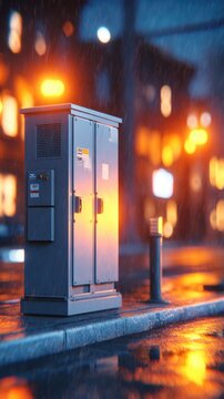 A metallic utility box stands alone on a wet street, illuminated by warm orange lights in the rain