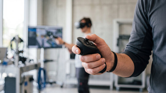 Business engineers testing virtual reality controllers in a modern office training and design lab
