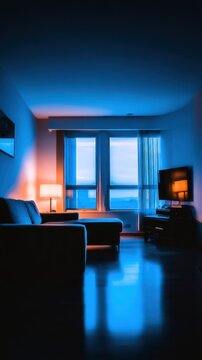 A cozy, dimly lit living room with blue and orange lighting, showcasing a window and furniture