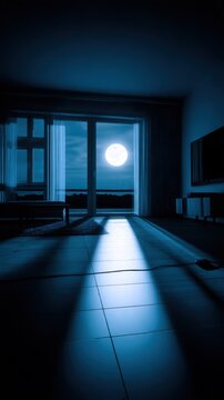 A serene room illuminated by the moonlight, casting shadows on the floor tiles, evoking tranquility