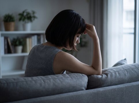 Pensive woman resting head on hand sitting on living room couch