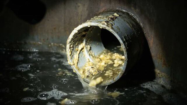 Thick chunks of congealed fat and murky water churning around a submerged smooth stained grey plastic inlet baffle