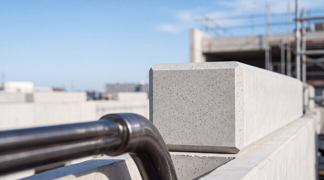 Concrete railing and stainless steel handrail on modern urban rooftop under construction