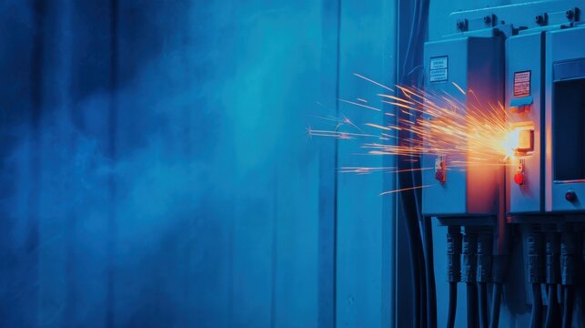 Sparks erupt from electrical equipment amidst blue smoke, creating a dramatic industrial scene